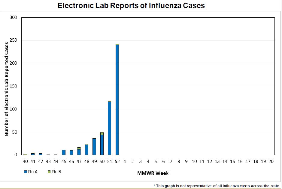 Electronic Lab Reports of Influenza Cases for the week of December 22-December 28, 2024. Graph depicts 242 cases of influenza across the state.