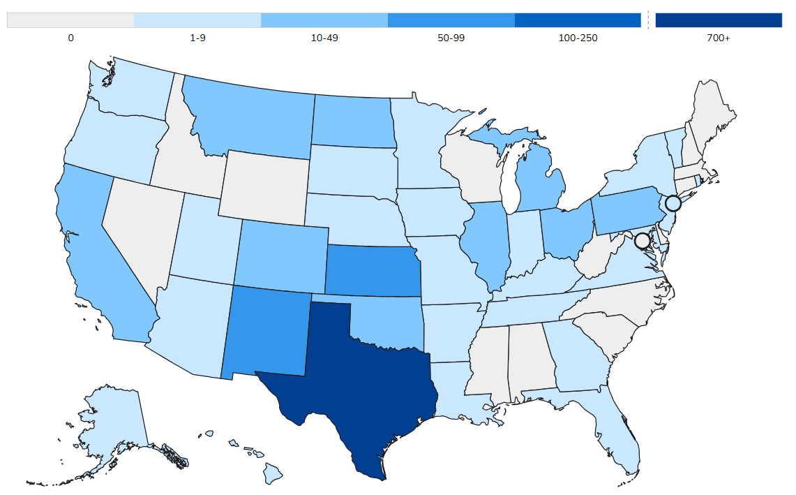 Map showing cases of Measles in the United States