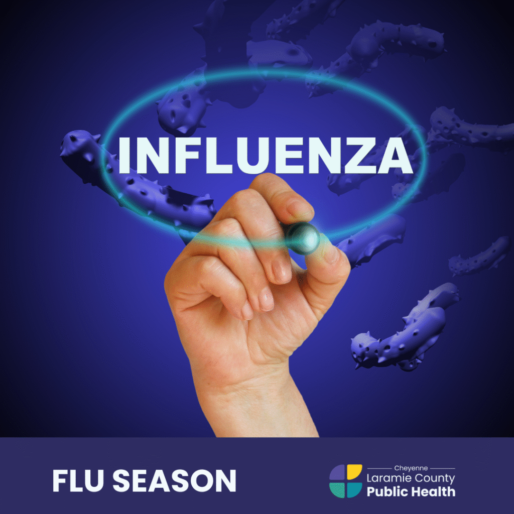 Graphic of a hand circling the word influenza