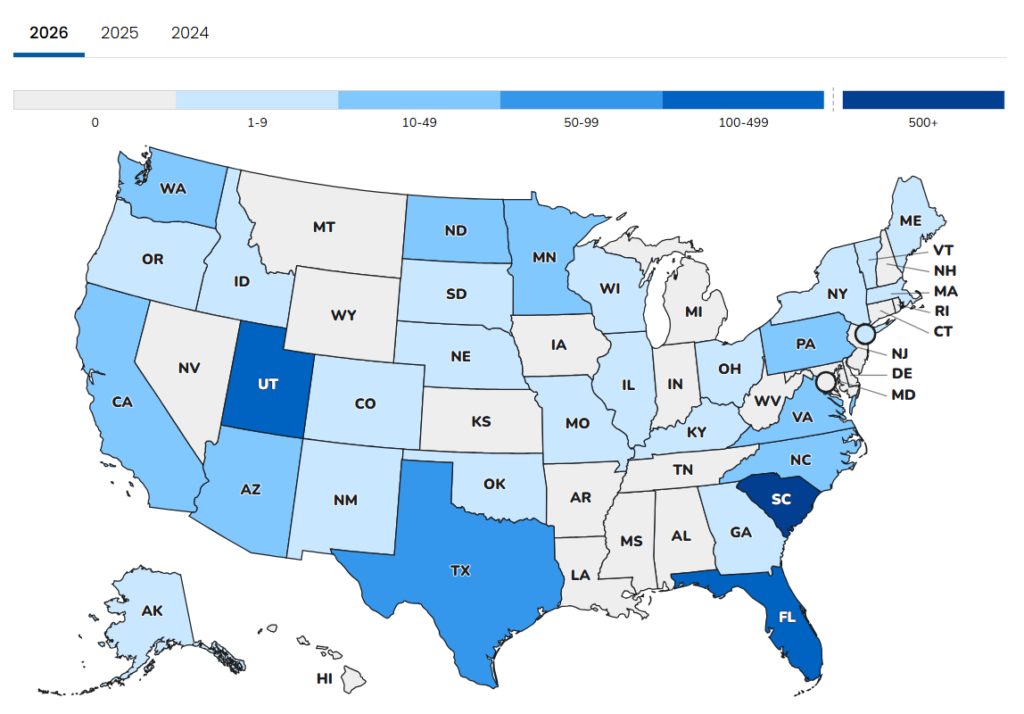 Map of the United States with colored states indicating number of measles cases present