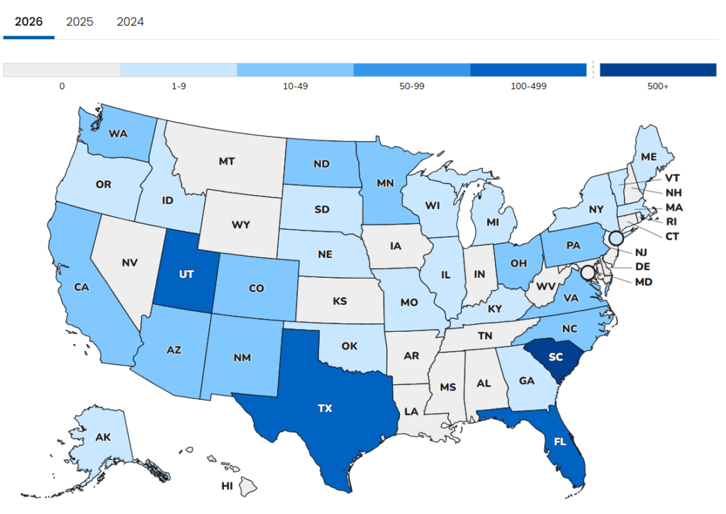 map of united states color coded to indicate measles cases