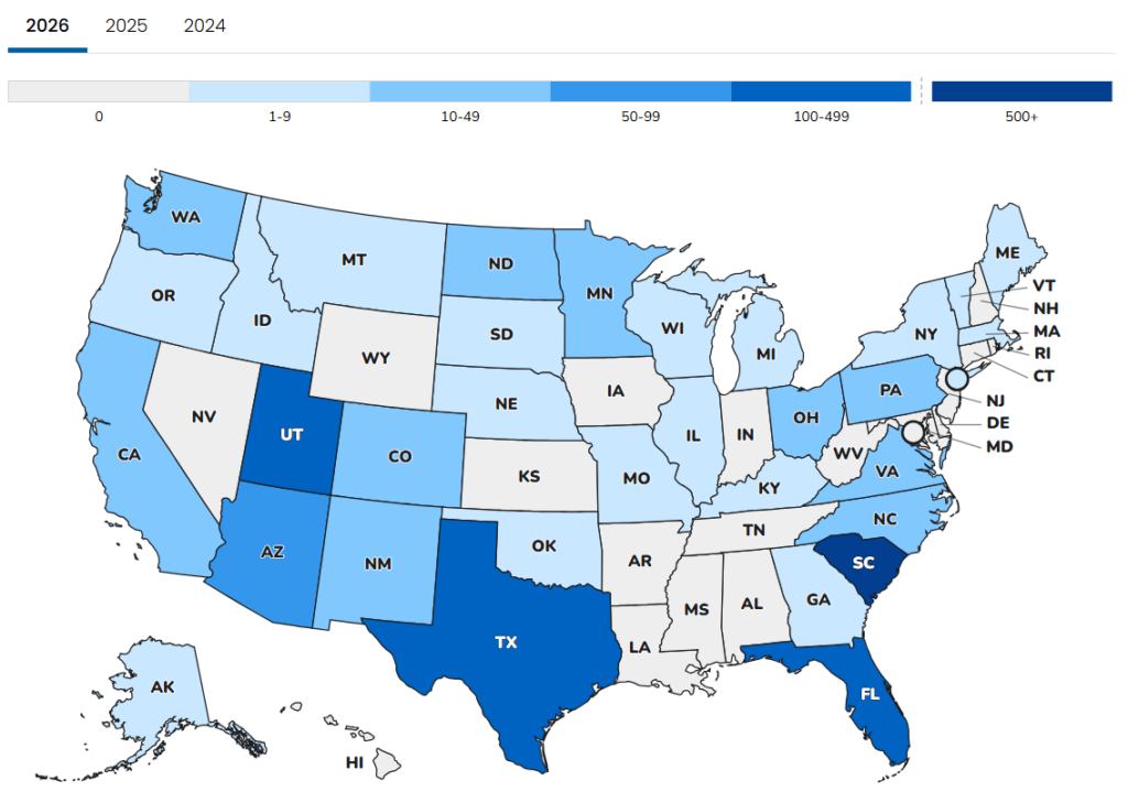 Color-blocked map of United States showing measles cases