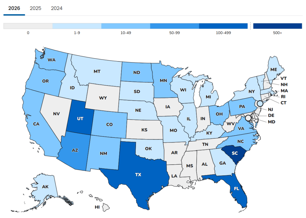 Map of United States measles cases shown by color