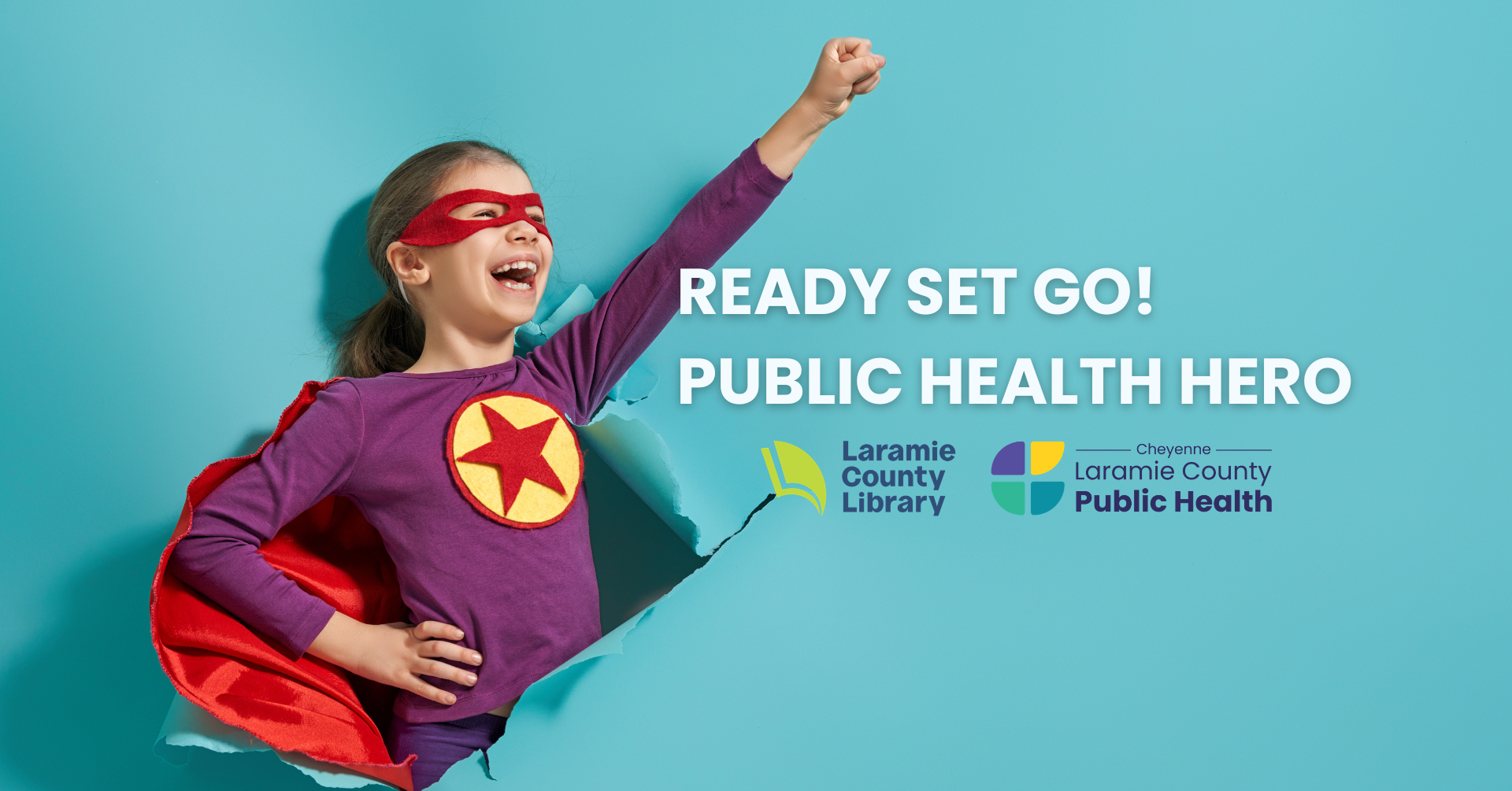 young superhero punching through wall for ready, set, go, public health heroes event