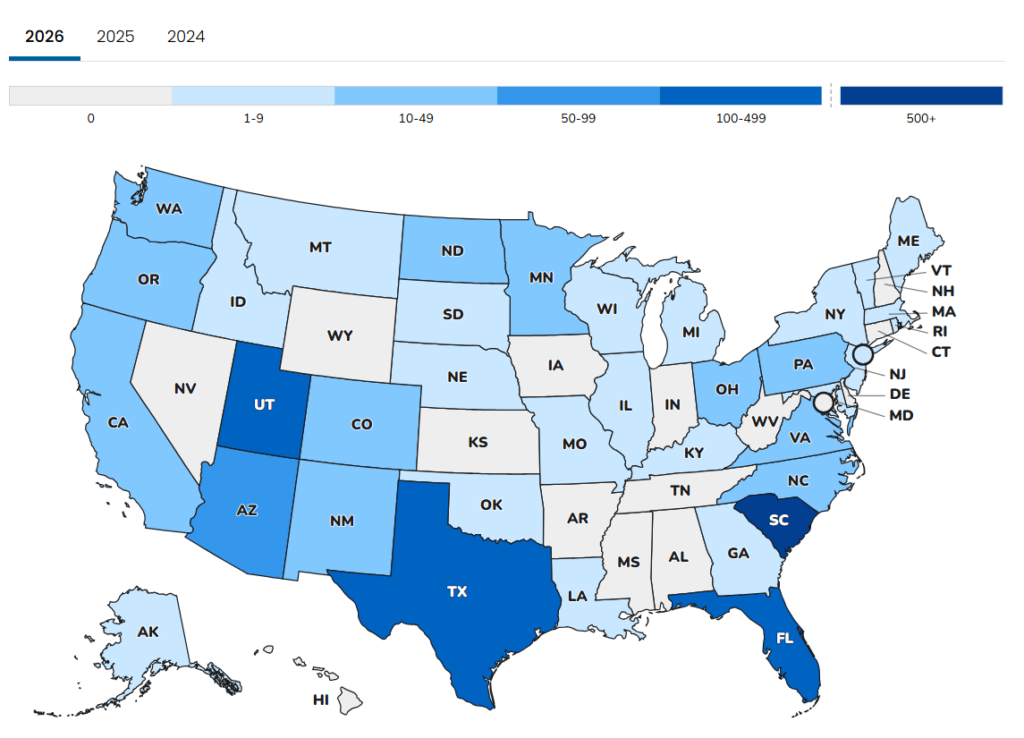 color coded map of united states measles cases
