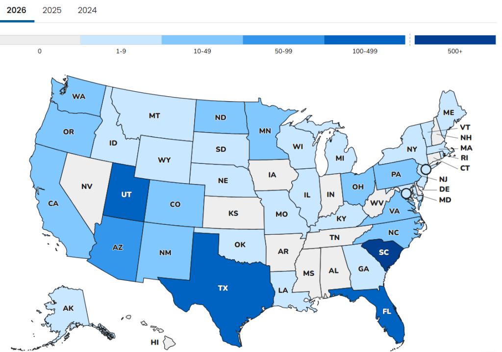 Color coded map of united states representing measles cases