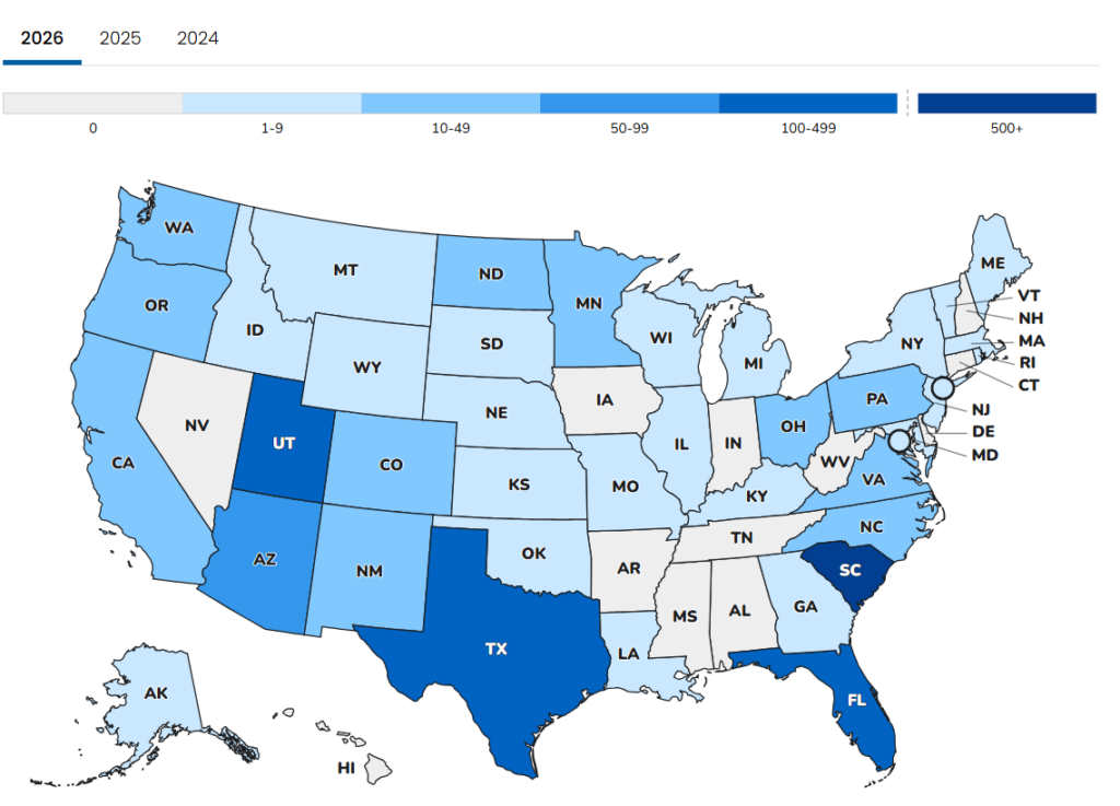 Color coded map of United States Measles cases