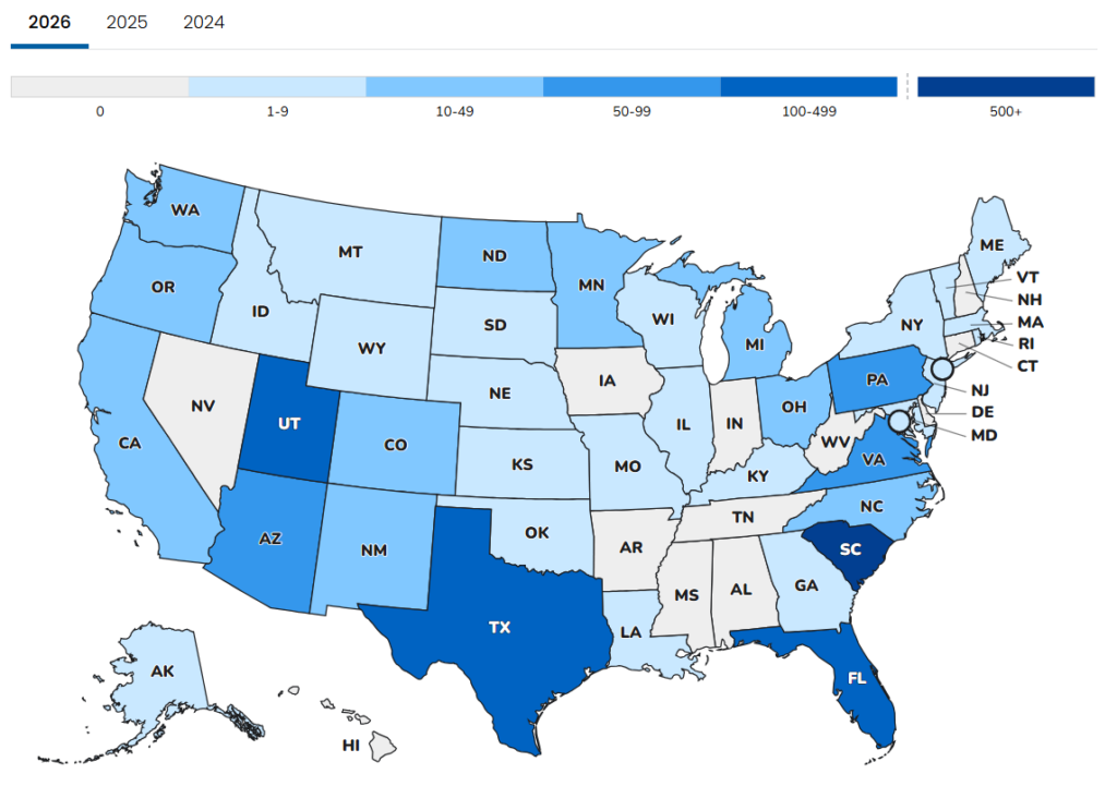 Color coded map of United States showing Measles cases