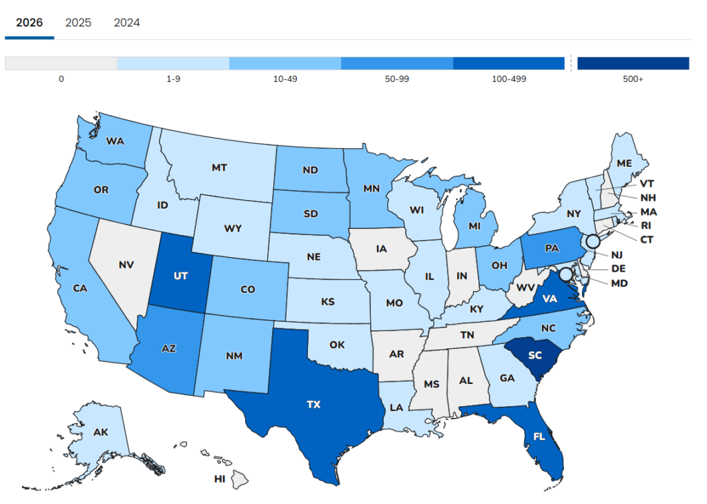 Color coded map of United States showing measles cases