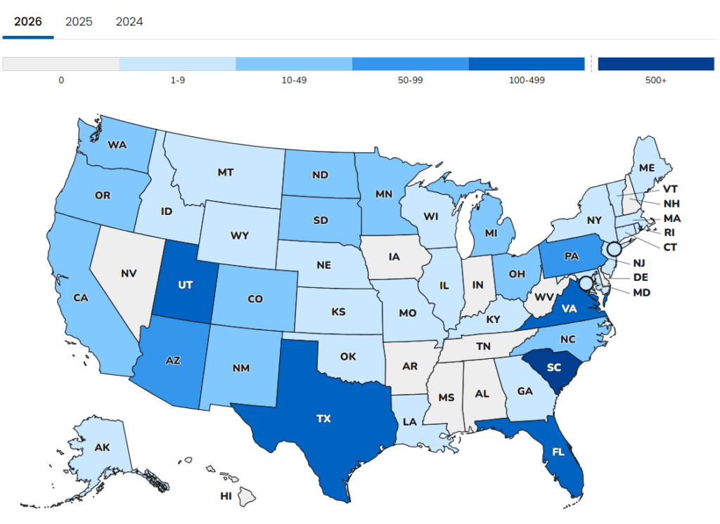 Color coded map of measles cases in the US