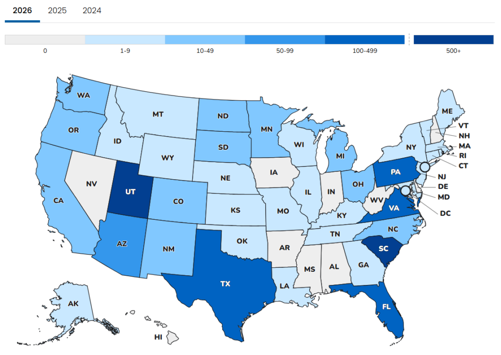 Color coded map showing measles cases in states across U.S.