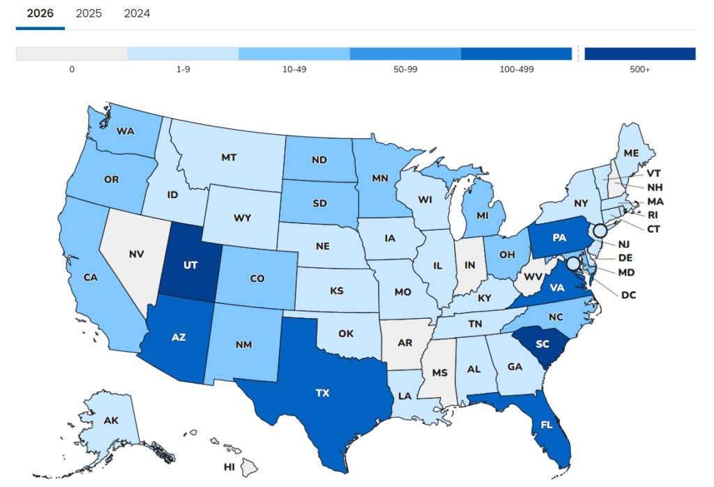 Color coded map showing measles cases in states across U.S.