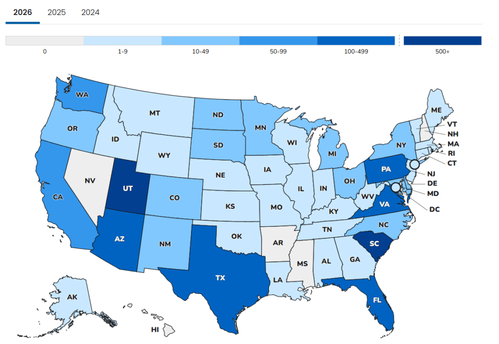 Color coded map showing measles cases in states across U.S.