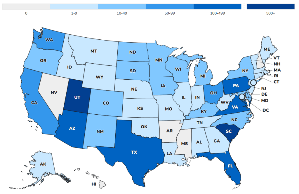 Color coded map showing measles cases in states across U.S.