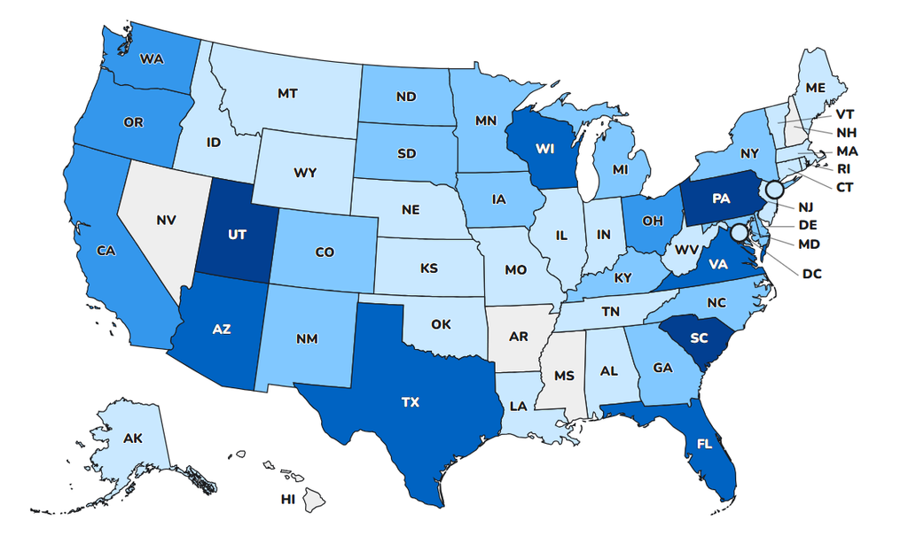Color coded map showing measles cases in states across U.S.