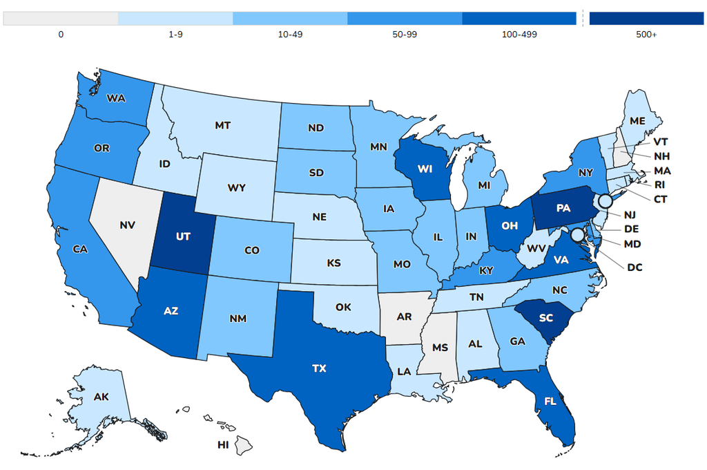 Color coded map of the United States Measles cases