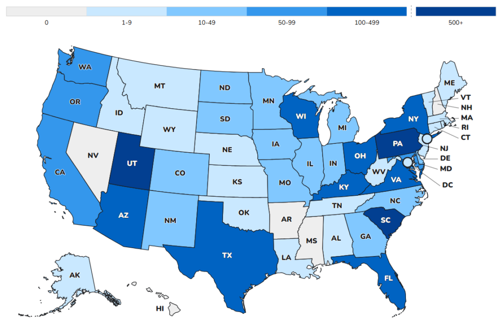 Color coded map of the United States representing measles cases